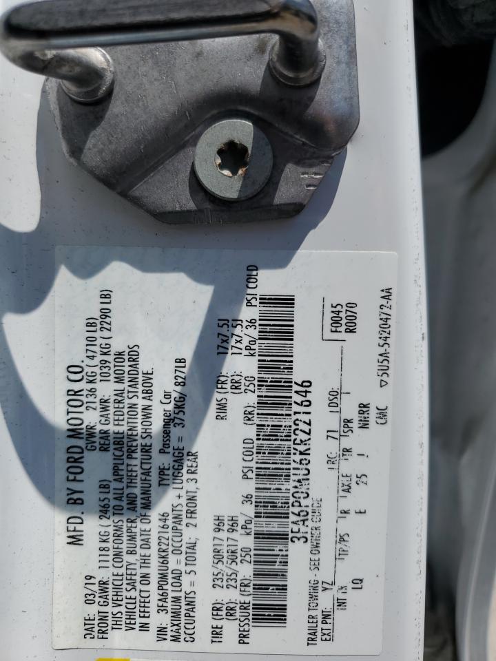 3FA6P0MU6KR221646 FORD FUSION 2019