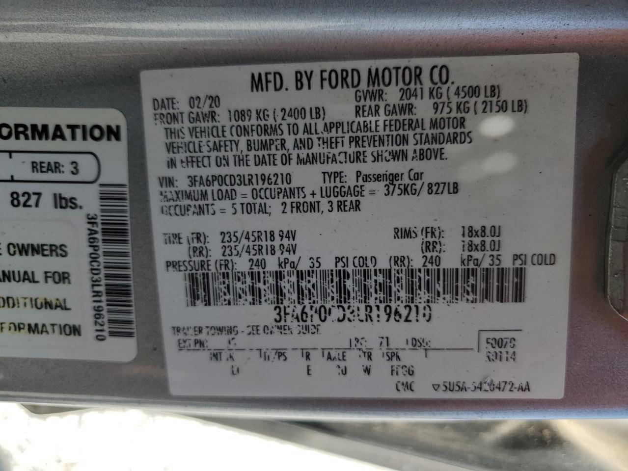 3FA6P0CD3LR196210 FORD FUSION 2020