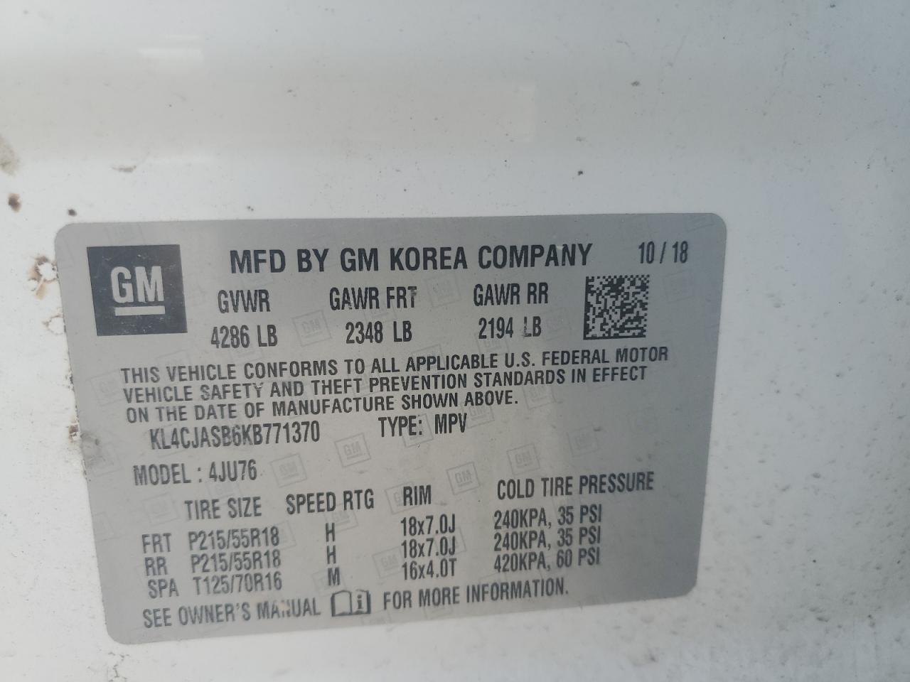 2019 Buick Encore Preferred VIN: KL4CJASB6KB771370 Lot: 62417515