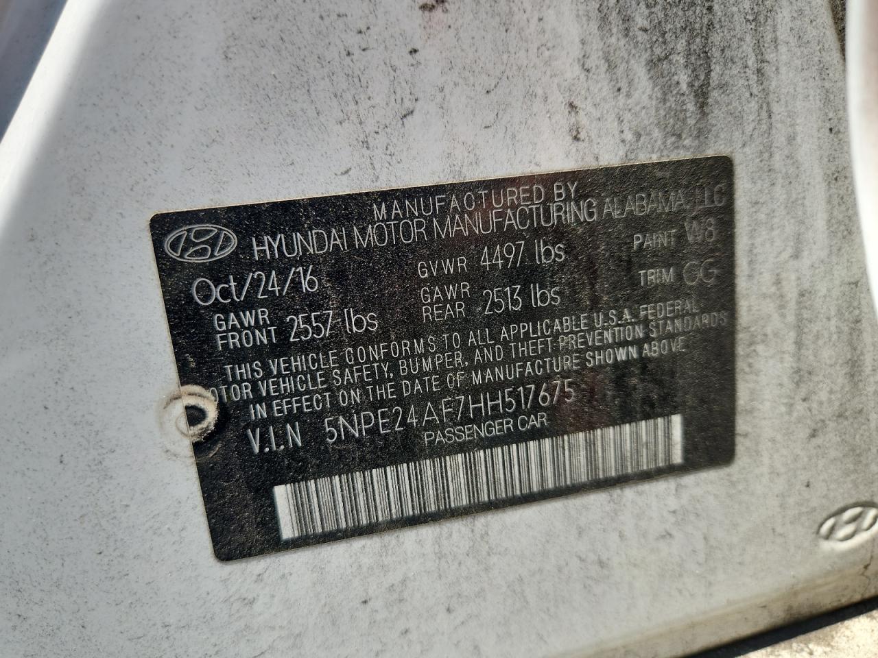 2017 Hyundai Sonata Se VIN: 5NPE24AF7HH517675 Lot: 61844045