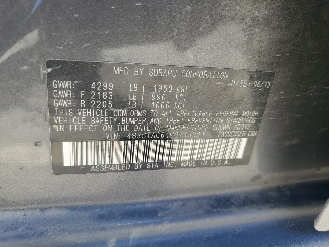 2019 Subaru Impreza Premium VIN: 4S3GTAC61K3745921 Lot: 61174175