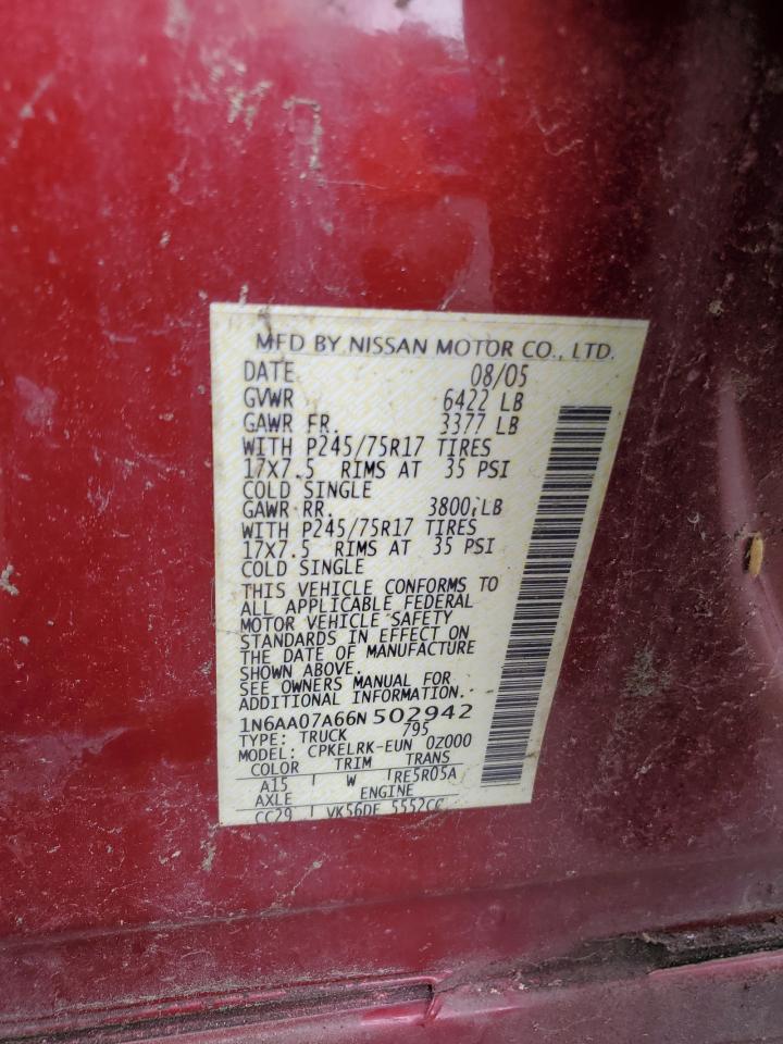 2006 Nissan Titan Xe VIN: 1N6AA07A66N502942 Lot: 60372285