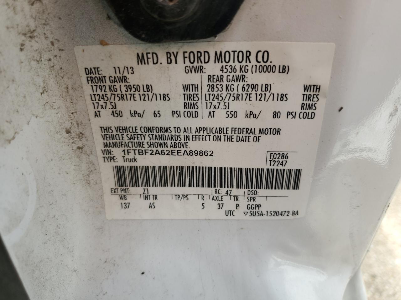 2014 Ford F250 Super Duty VIN: 1FTBF2A62EEA89862 Lot: 80151515