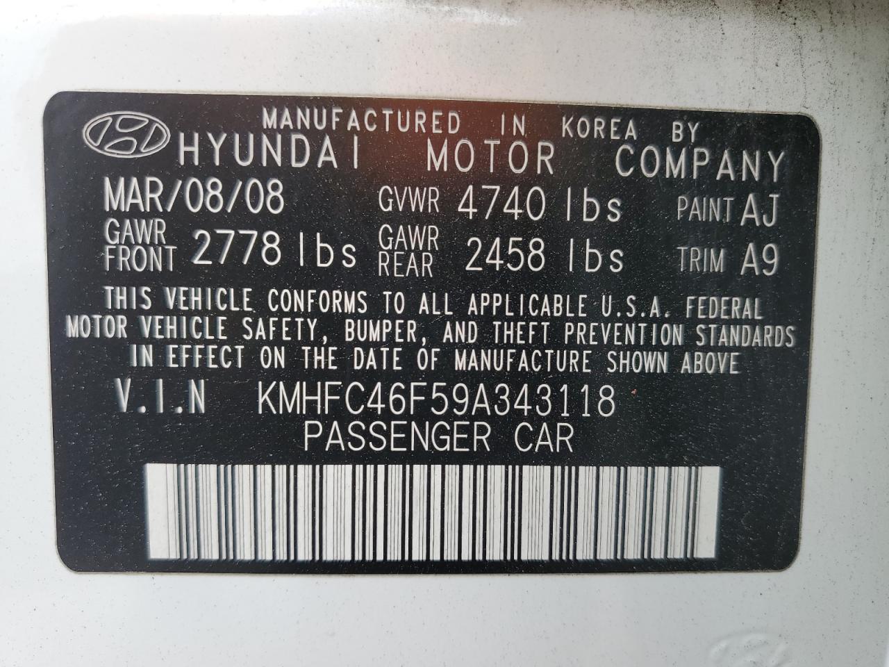 2009 Hyundai Azera Se VIN: KMHFC46F59A343118 Lot: 61096285