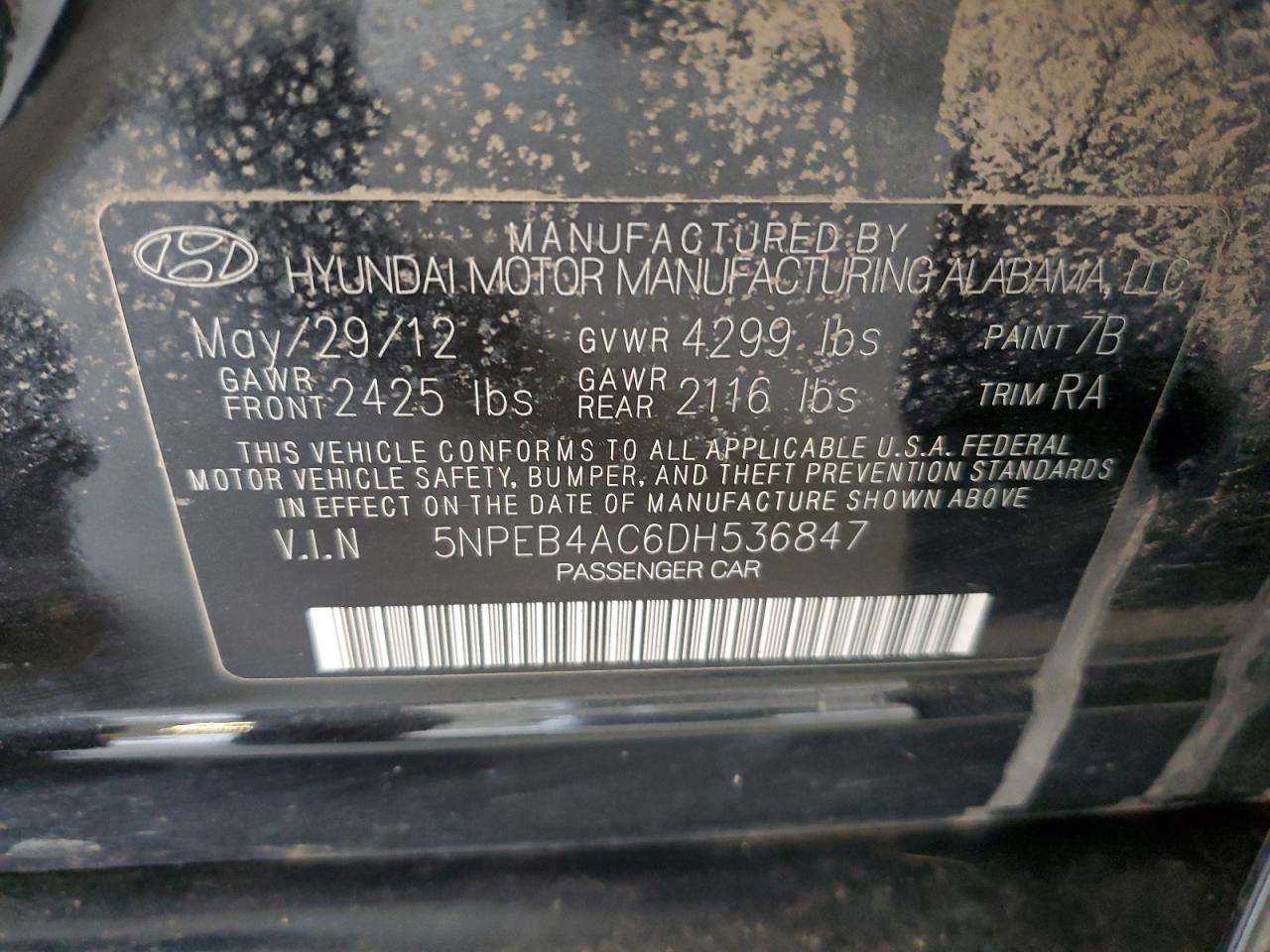 2013 Hyundai Sonata Gls VIN: 5NPEB4AC6DH536847 Lot: 58738845