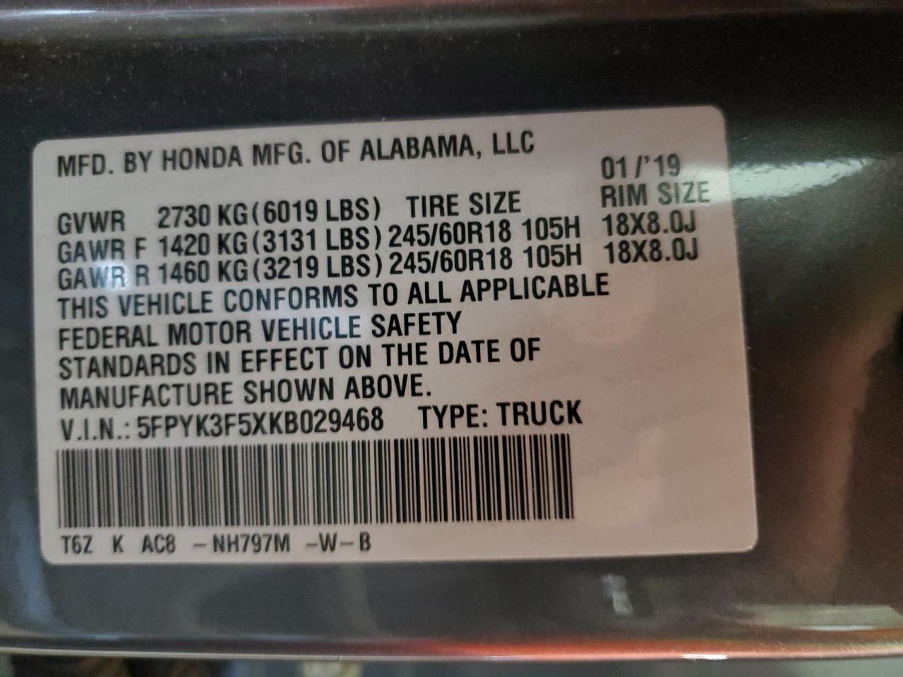 5FPYK3F5XKB029468 HONDA RIDGELINE 2019
