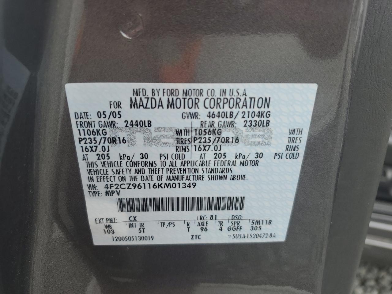 2006 Mazda Tribute S VIN: 4F2CZ96116KM01349 Lot: 61327845