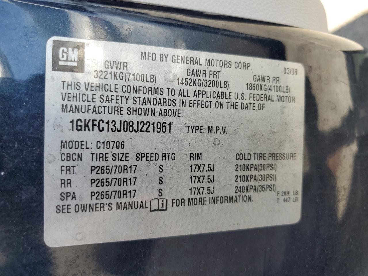 2008 GMC Yukon VIN: 1GKFC13J08J221961 Lot: 61946935