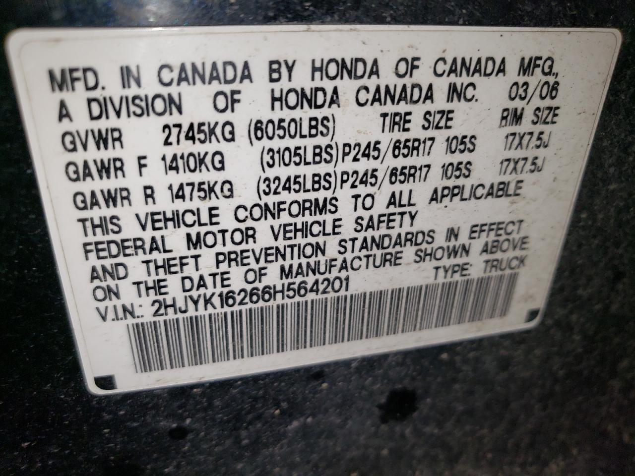 2006 Honda Ridgeline Rt VIN: 2HJYK16266H564201 Lot: 62103785