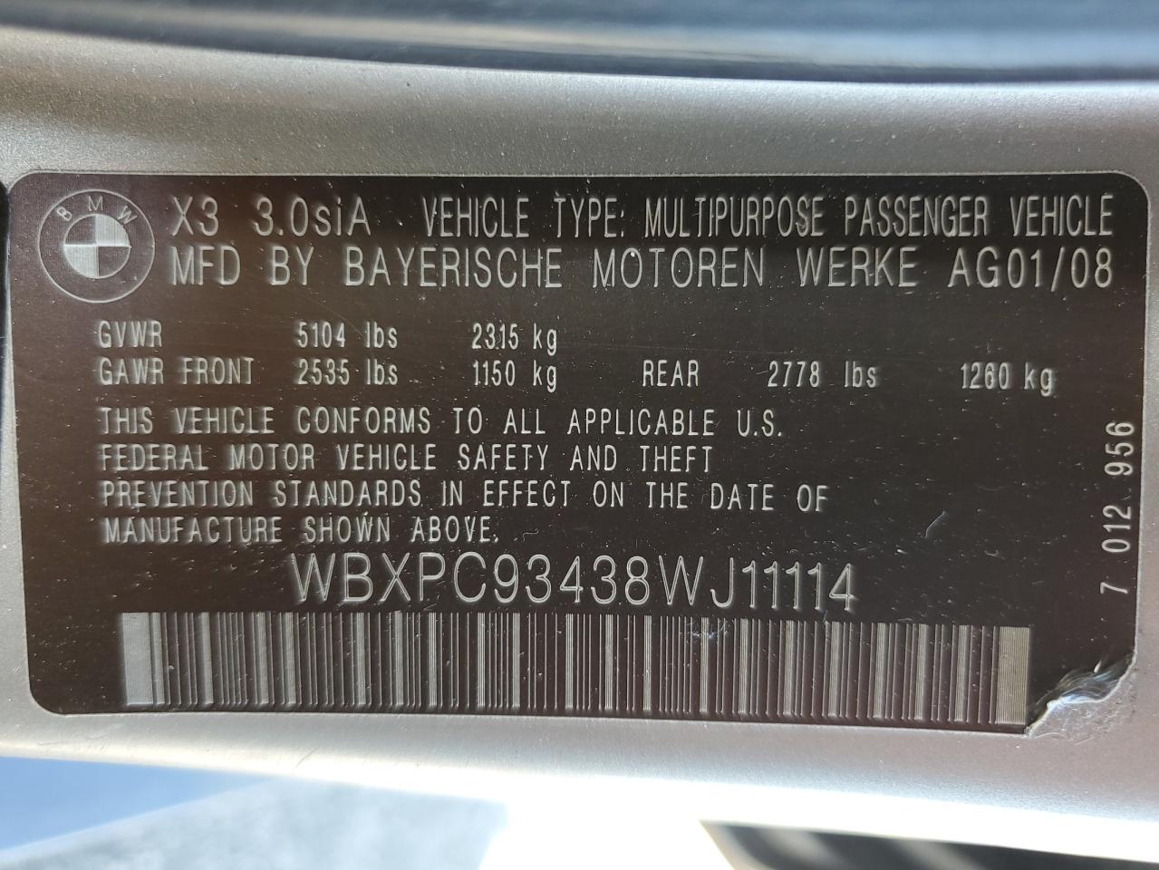 2008 BMW X3 3.0Si VIN: WBXPC93438WJ11114 Lot: 61944175