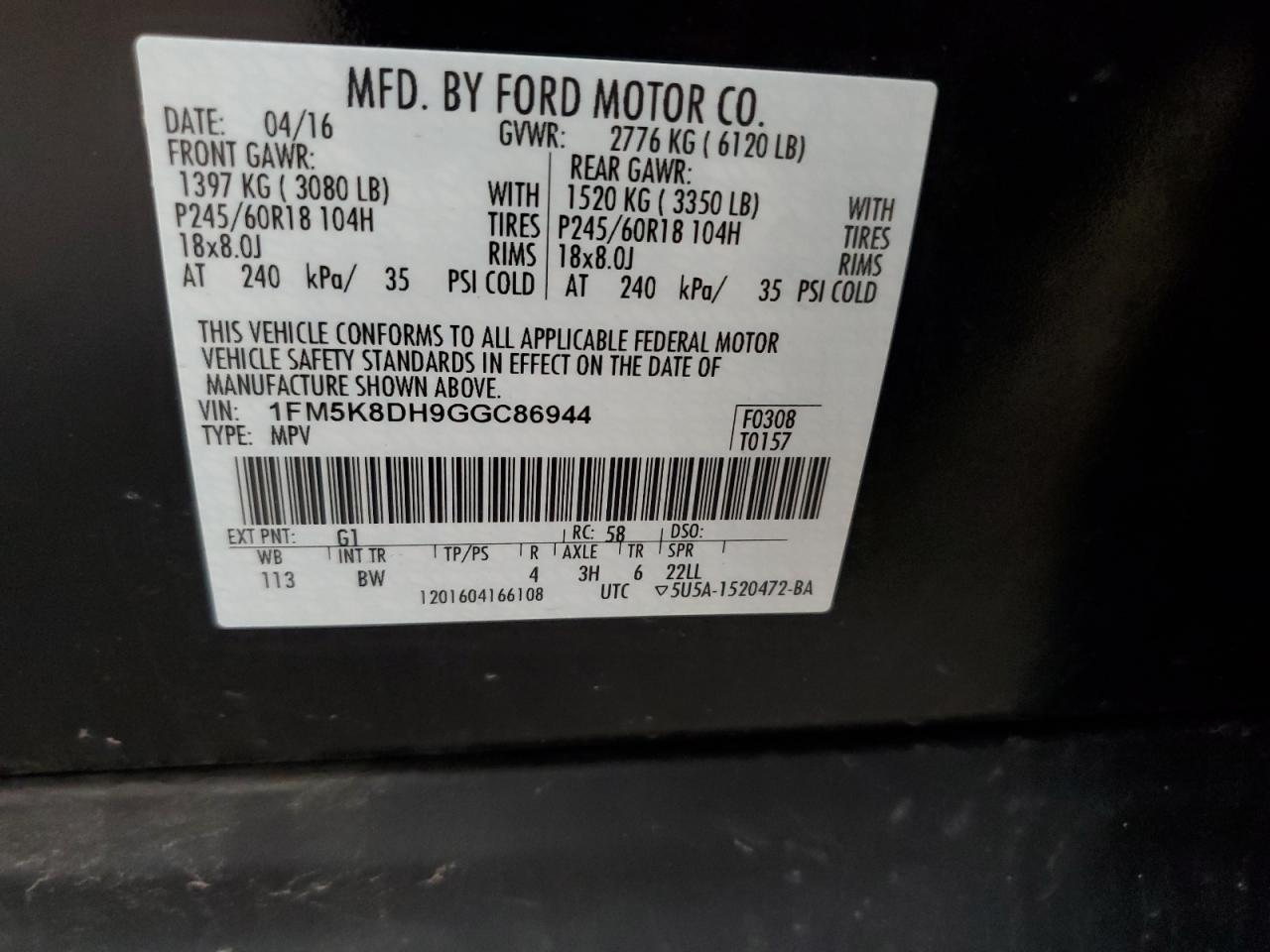 1FM5K8DH9GGC86944 FORD EXPLORER 2016