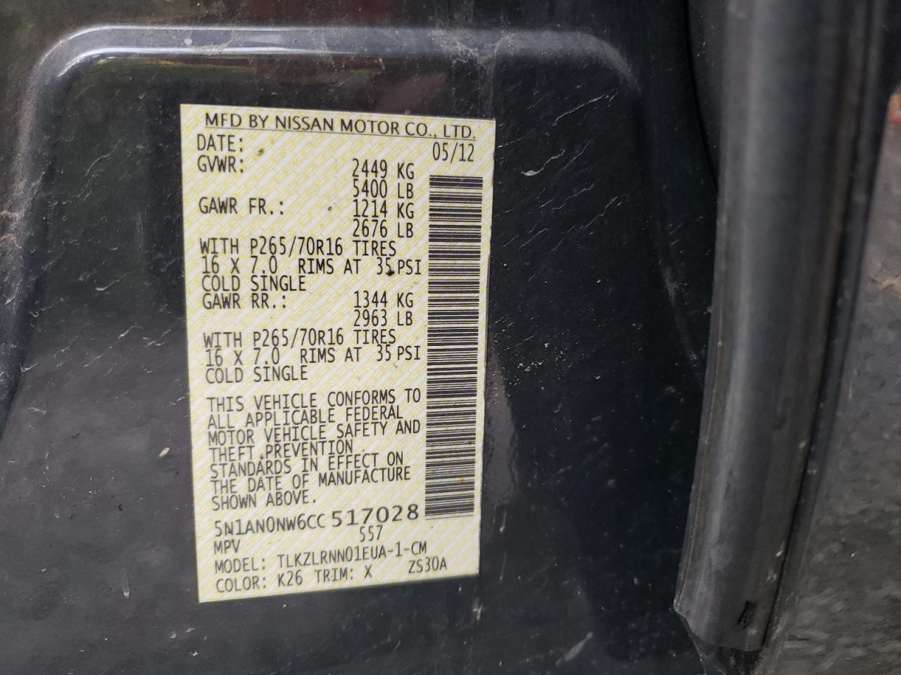 2012 Nissan Xterra Off Road VIN: 5N1AN0NW6CC517028 Lot: 60061355