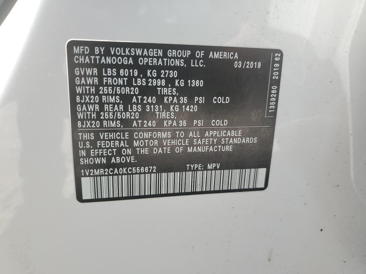 2019 Volkswagen Atlas Sel VIN: 1V2MR2CA0KC556672 Lot: 62396575
