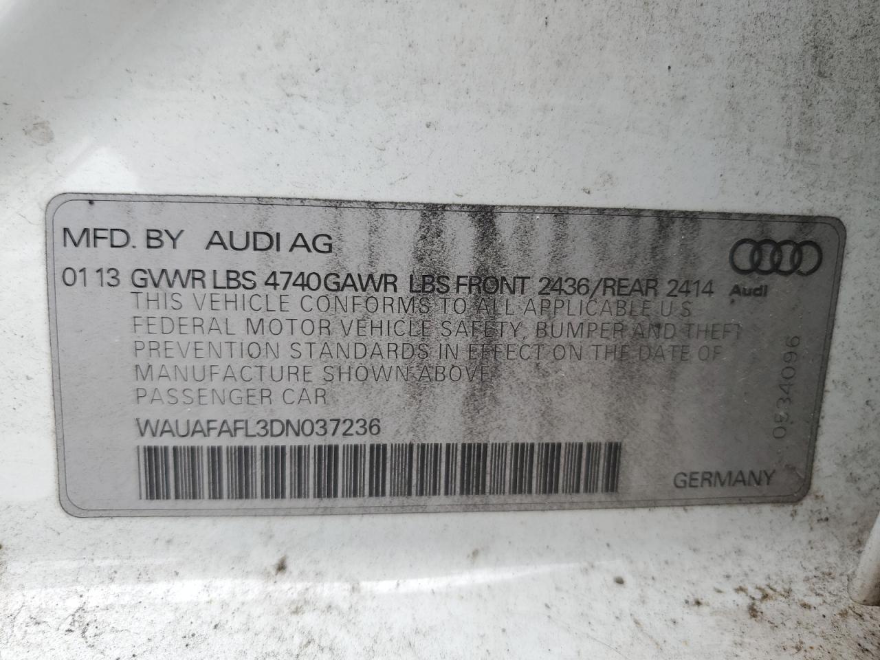 2013 Audi A4 Premium VIN: WAUAFAFL3DN037236 Lot: 63095235