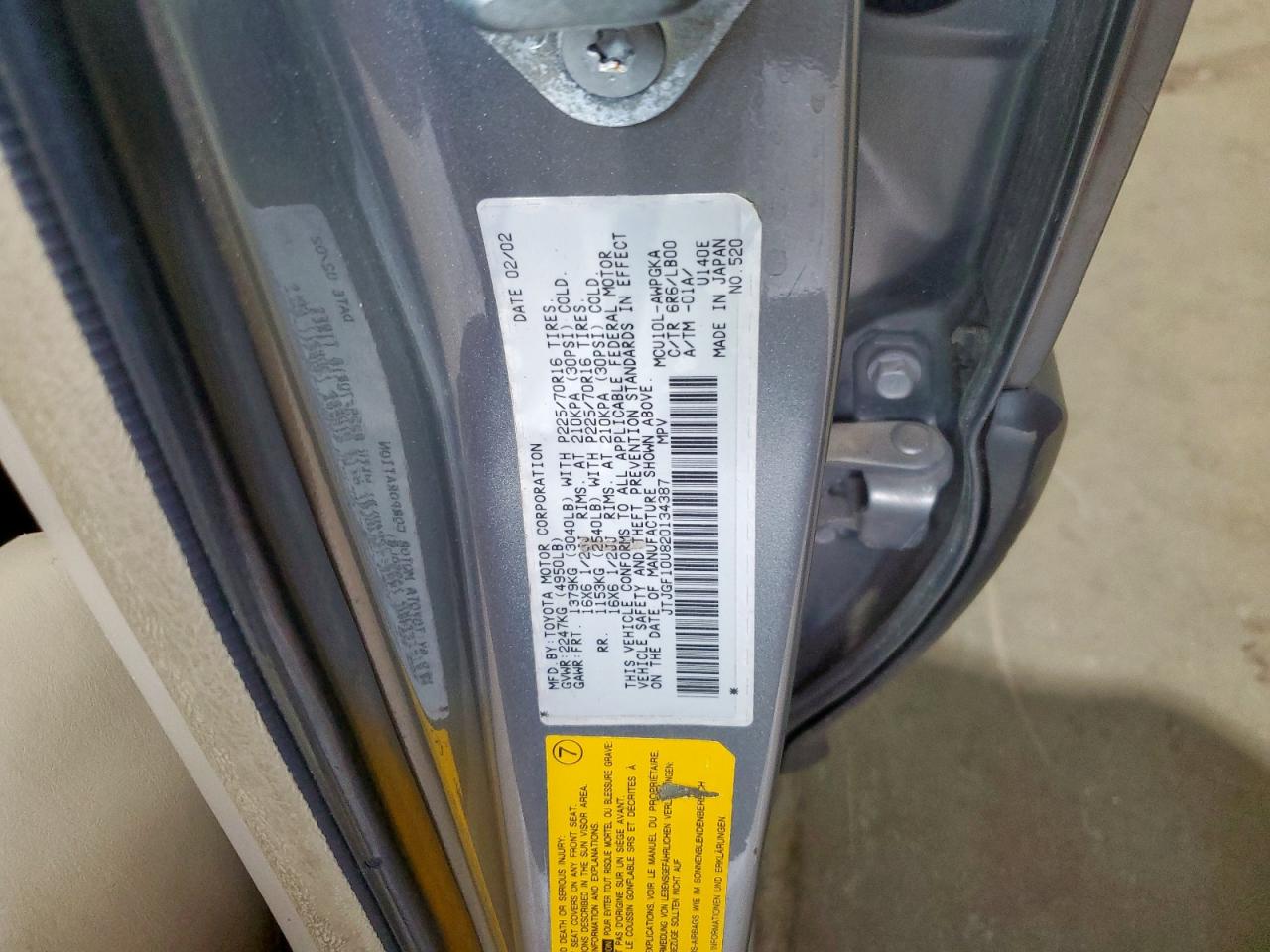 2002 Lexus Rx 300 VIN: JTJGF10U820134387 Lot: 62166155