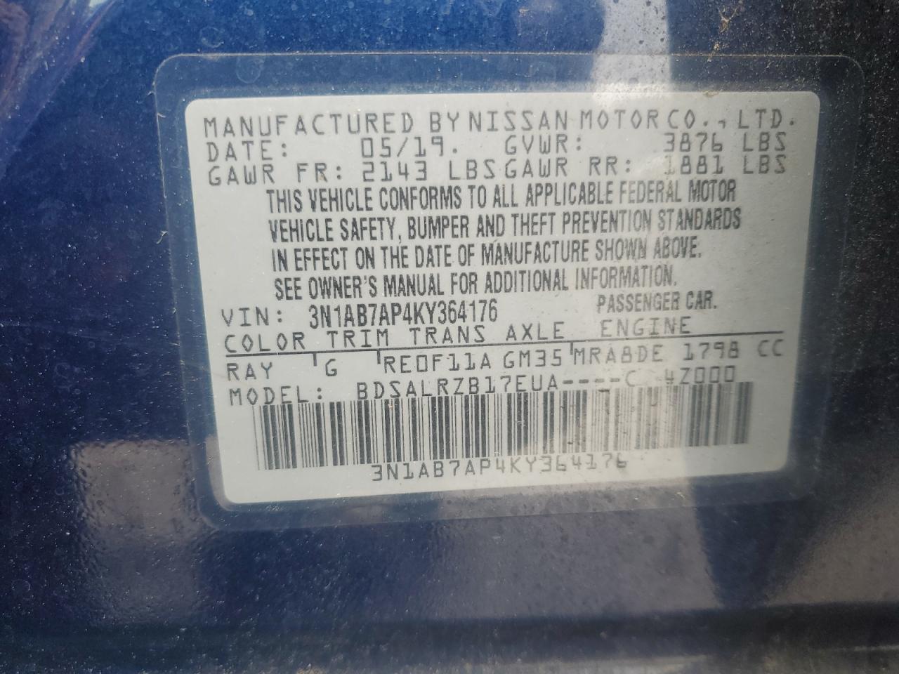 3N1AB7AP4KY364176 NISSAN SENTRA 2019