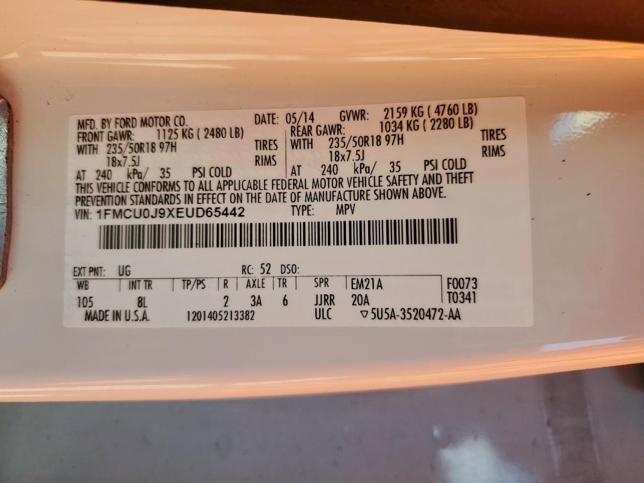 2014 Ford Escape Titanium VIN: 1FMCU0J9XEUD65442 Lot: 62729145
