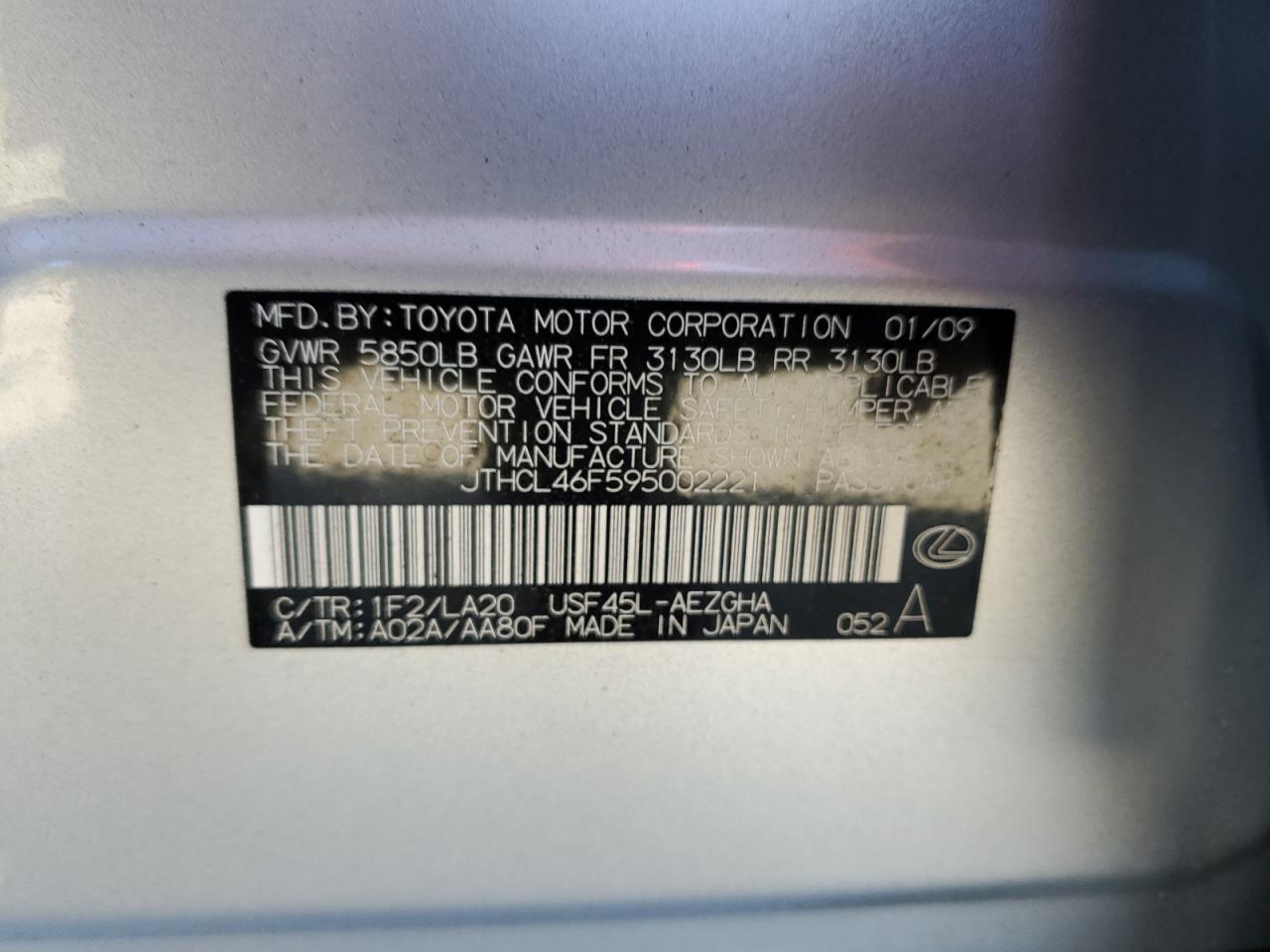 2009 Lexus Ls 460 VIN: JTHCL46F595002221 Lot: 60253945
