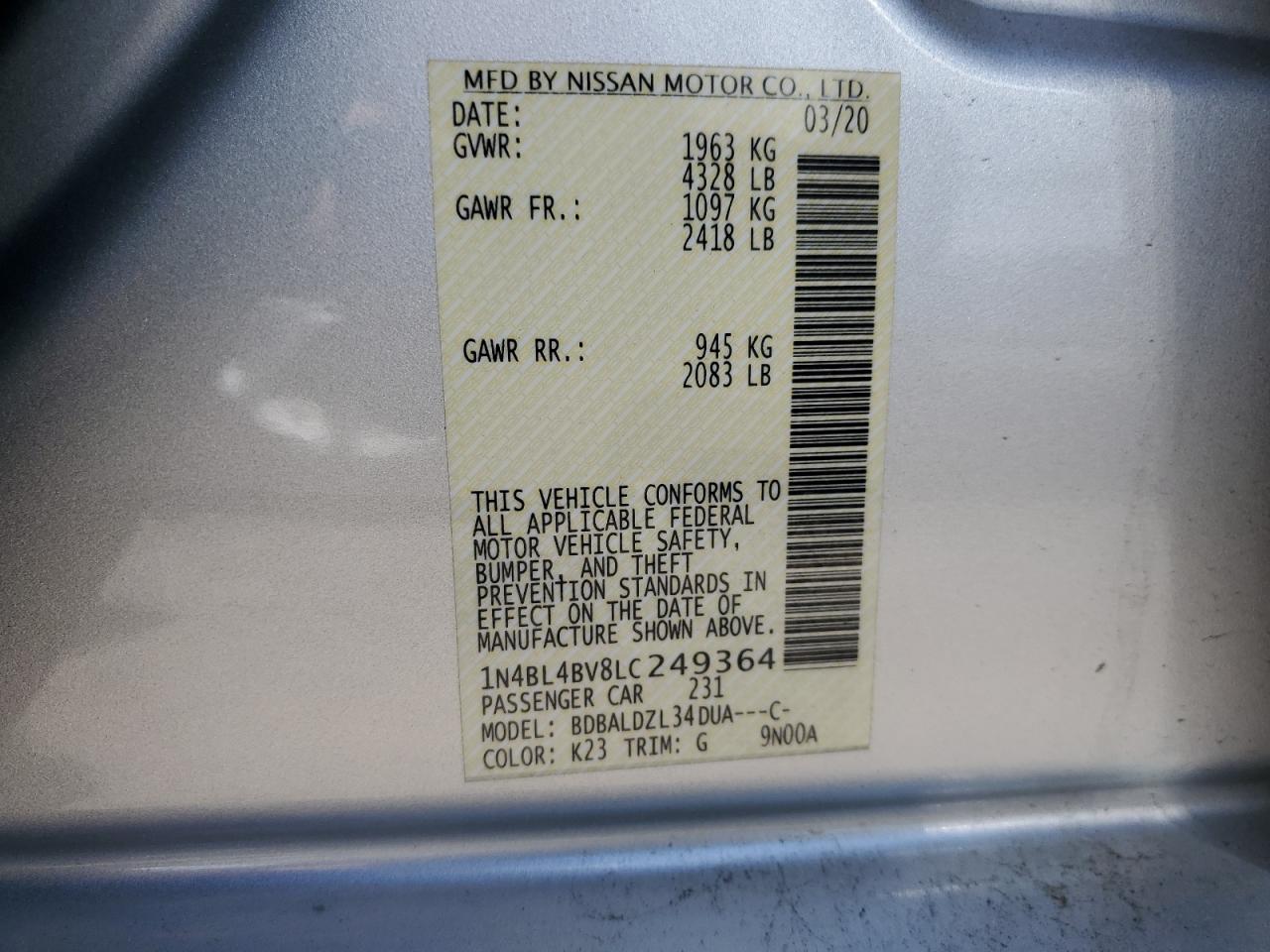1N4BL4BV8LC249364 NISSAN ALTIMA 2020