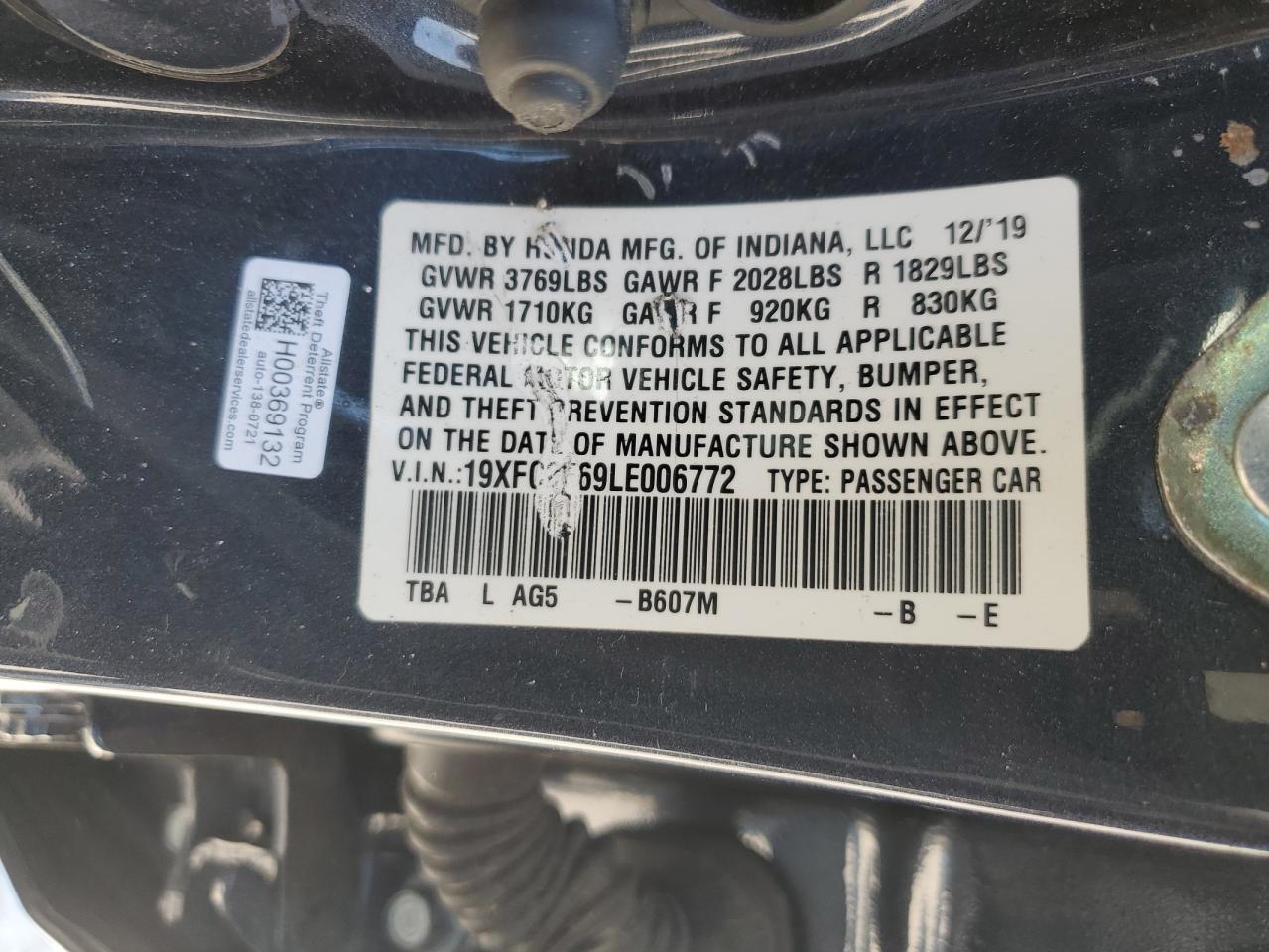 2020 Honda Civic Lx VIN: 19XFC2F69LE006772 Lot: 62630805