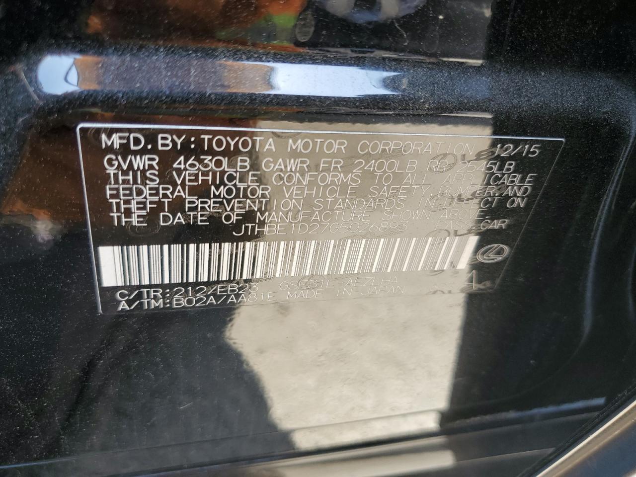2016 Lexus Is 350 VIN: JTHBE1D27G5026893 Lot: 62563385