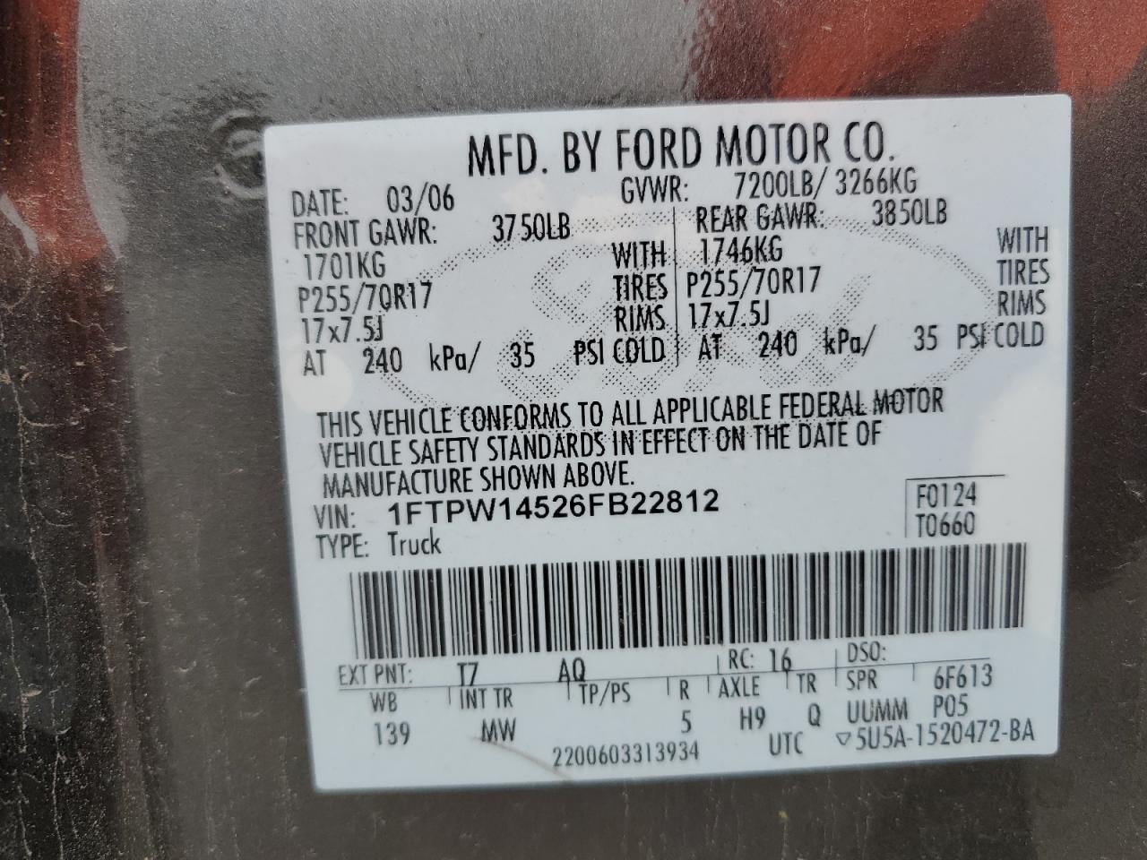 2006 Ford F150 Supercrew VIN: 1FTPW14526FB22812 Lot: 62989675