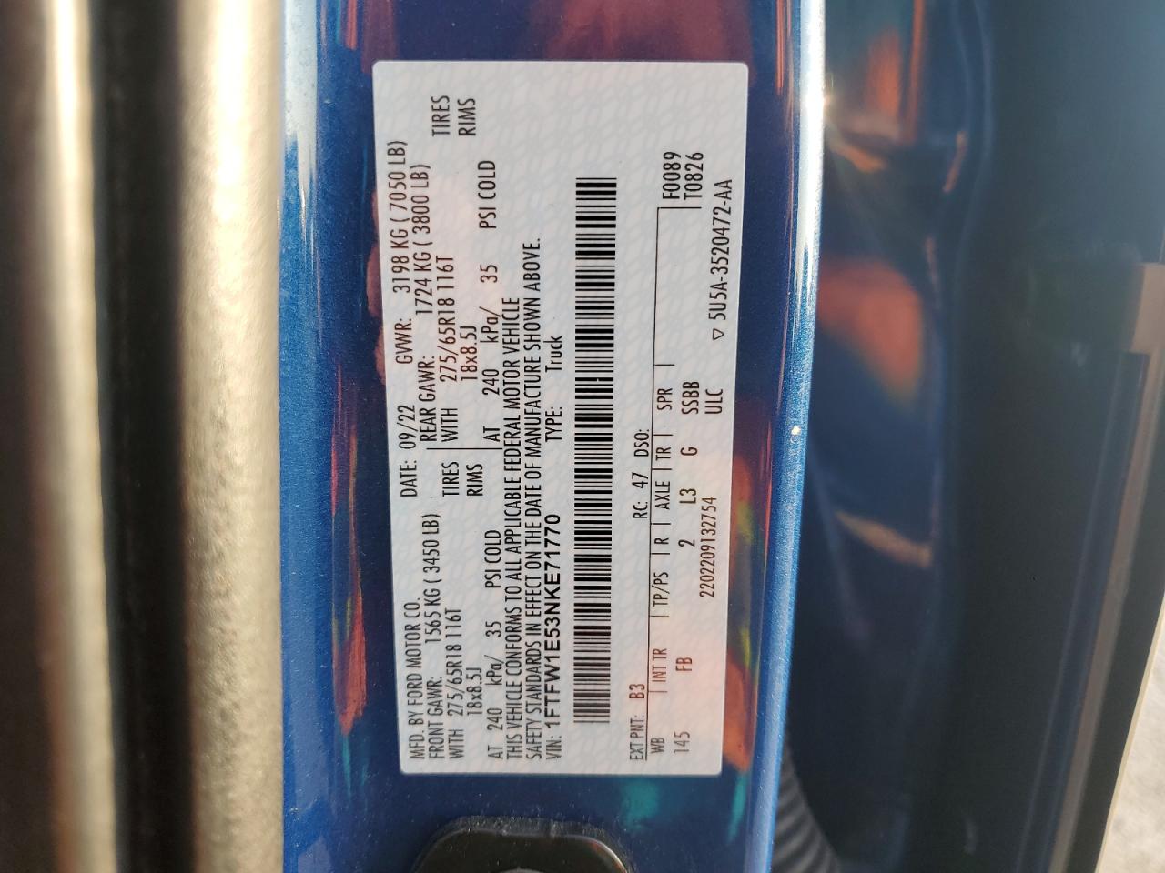 2022 Ford F150 Supercrew VIN: 1FTFW1E53NKE71770 Lot: 62080185