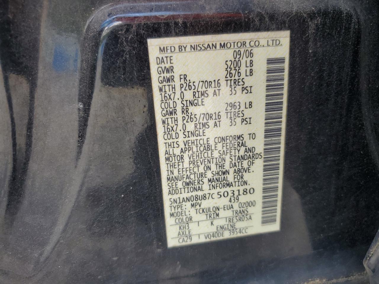 2007 Nissan Xterra Off Road VIN: 5N1AN08U87C503180 Lot: 61599405