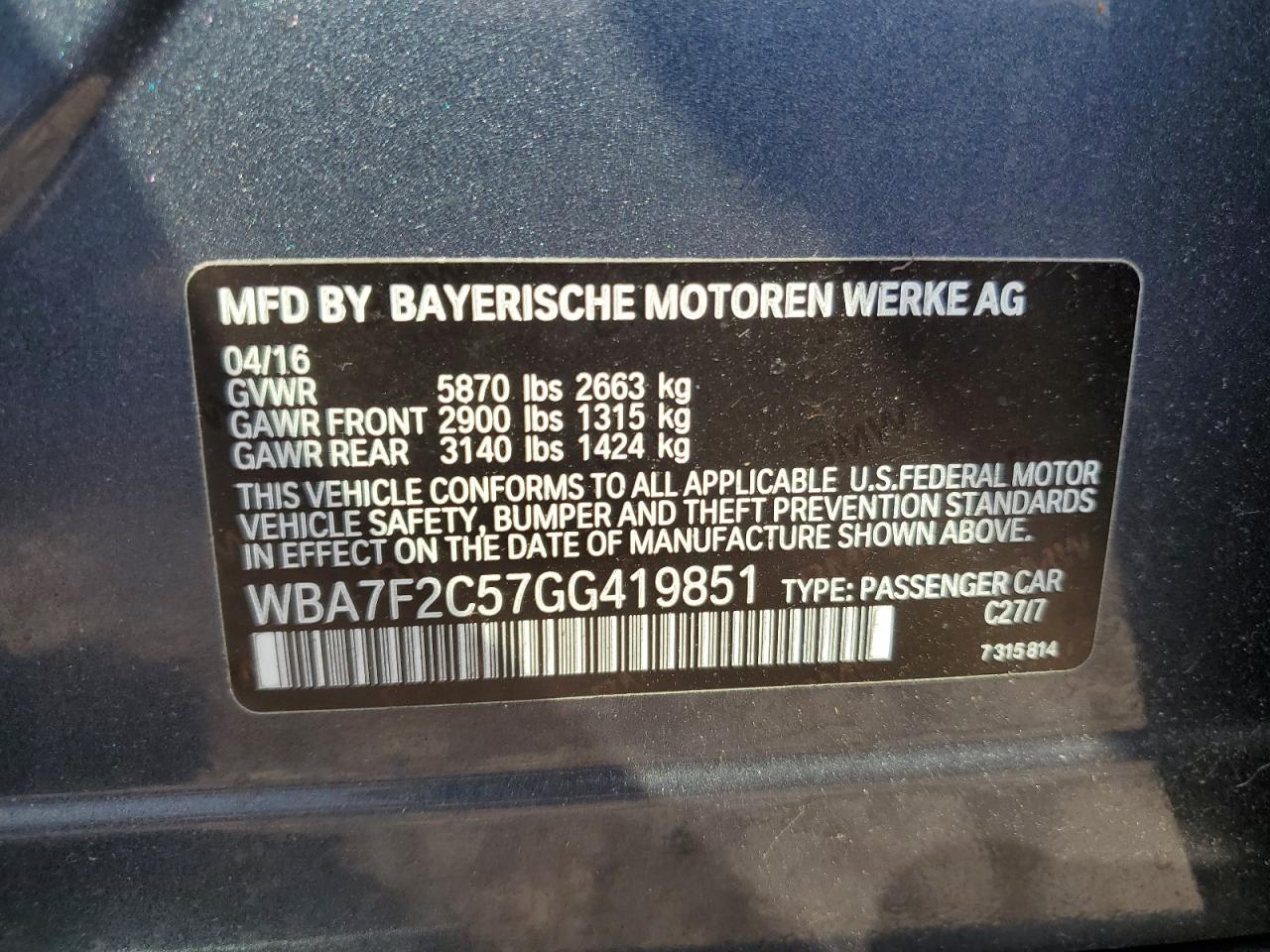 2016 BMW 750 Xi VIN: WBA7F2C57GG419851 Lot: 61442935