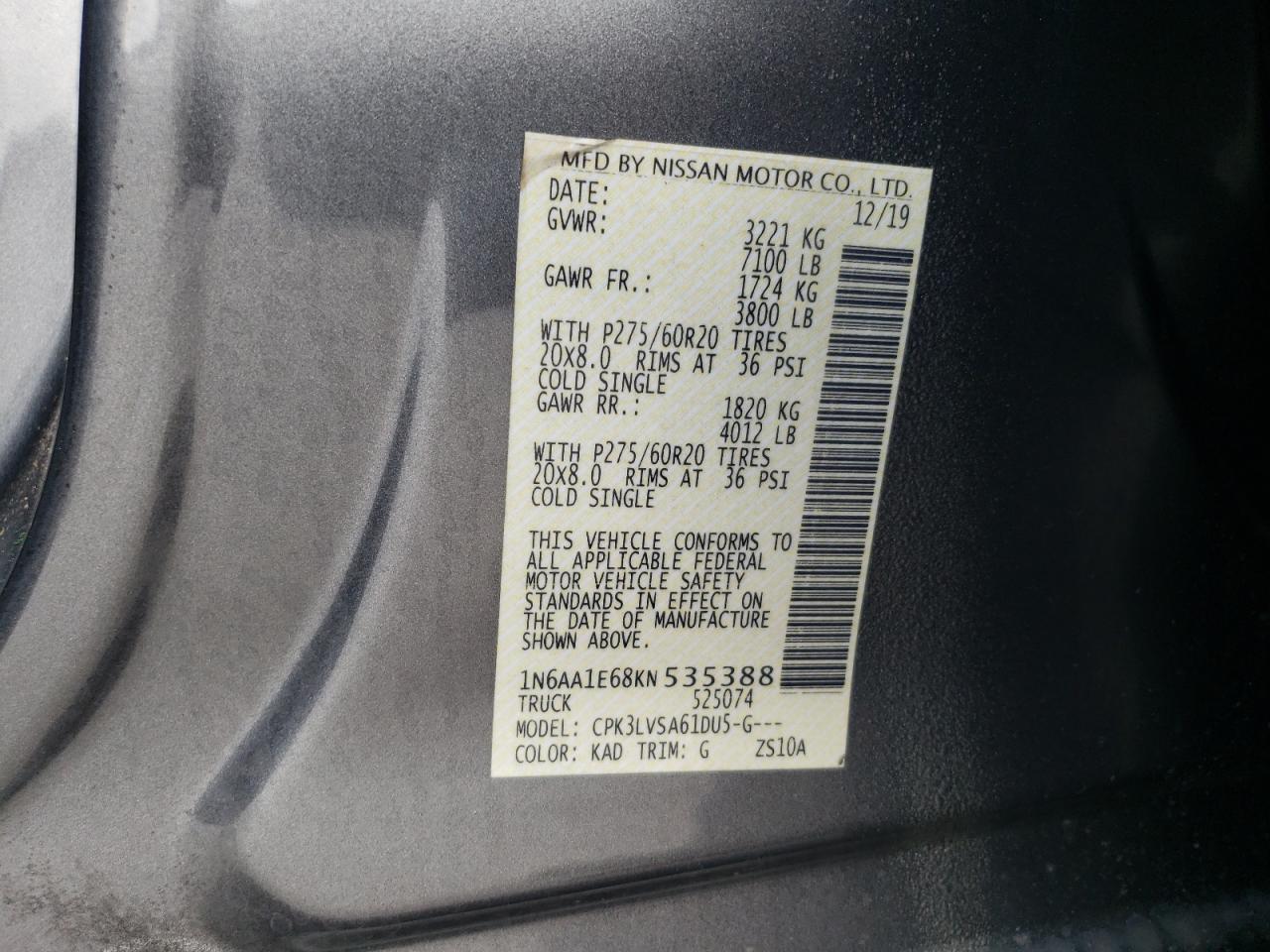 2019 Nissan Titan Platinum Reserve VIN: 1N6AA1E68KN535388 Lot: 61808495