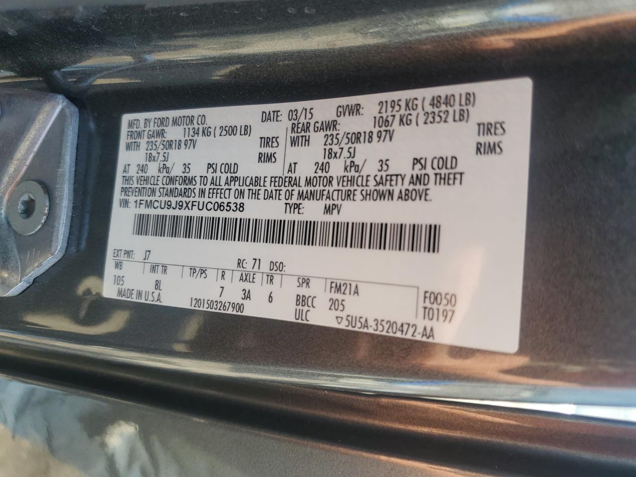 FORD ESCAPE 2015 VIN 1FMCU9J9XFUC06538 фото 13