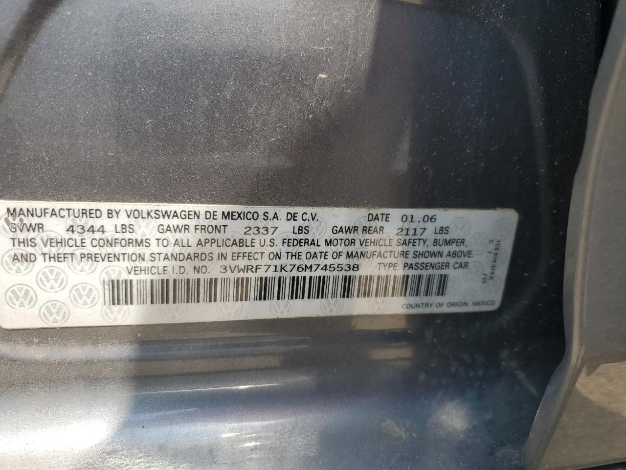 2006 Volkswagen Jetta 2.5 VIN: 3VWRF71K76M745538 Lot: 62221845