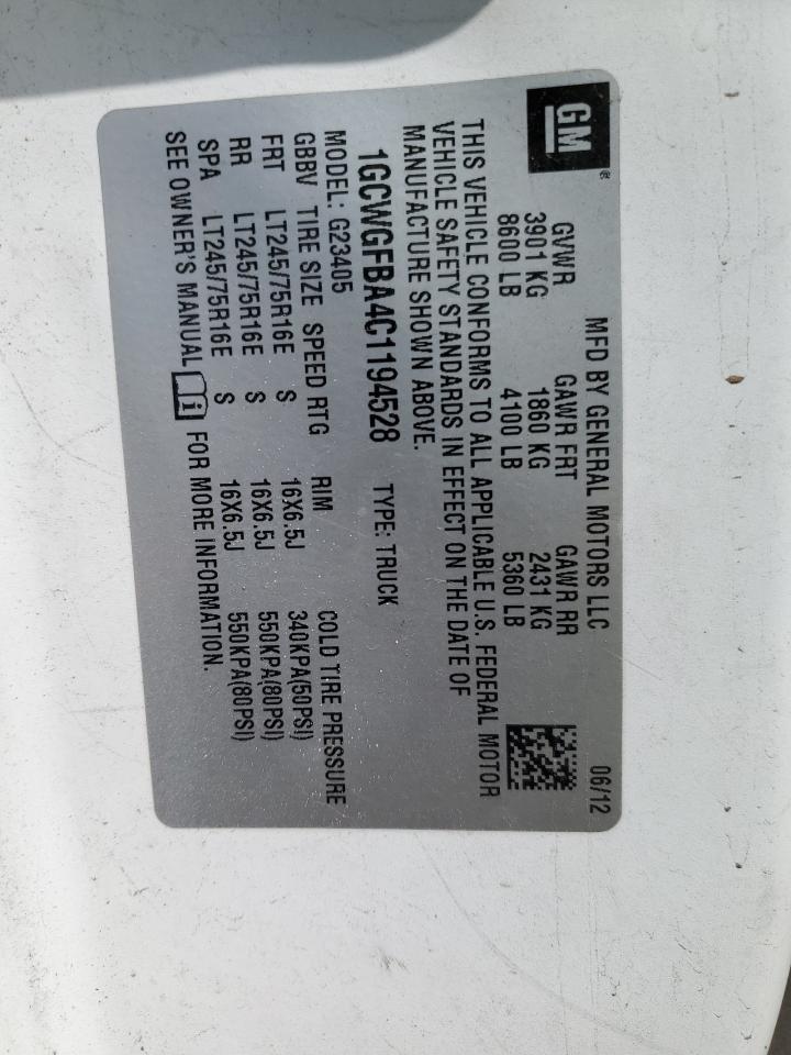 2012 Chevrolet Express G2500 VIN: 1GCWGFBA4C1194528 Lot: 60676685