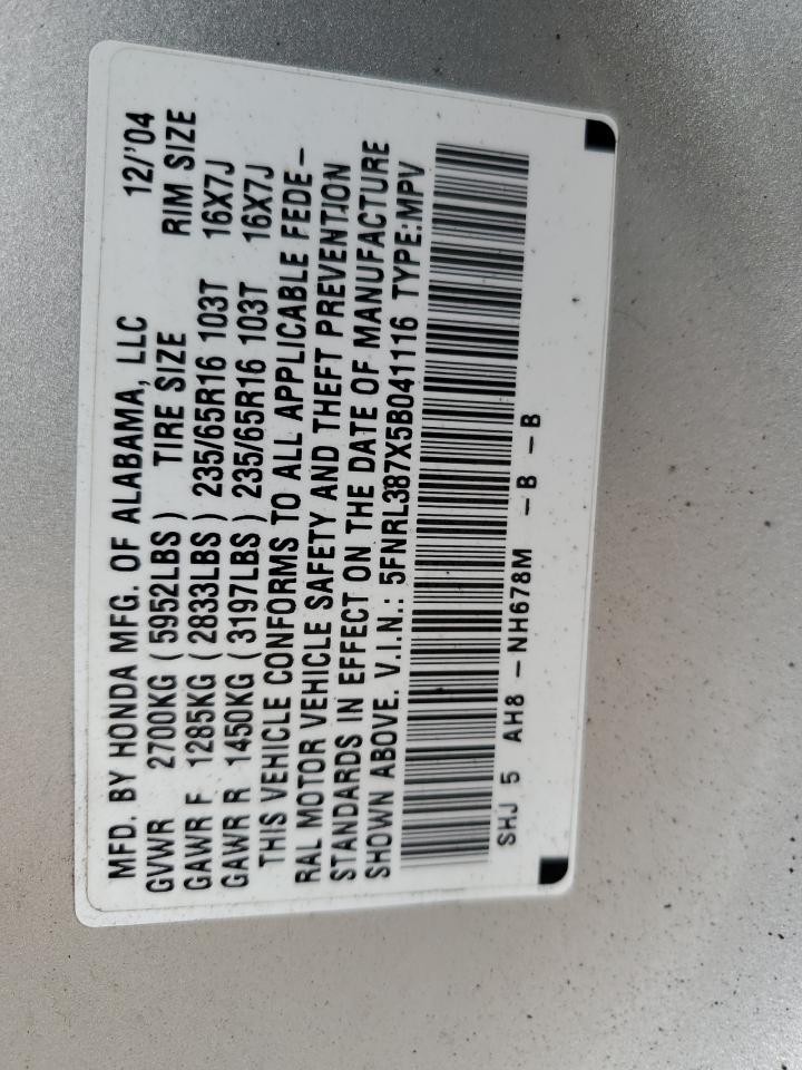 2005 Honda Odyssey Exl VIN: 5FNRL387X5B041116 Lot: 61341195