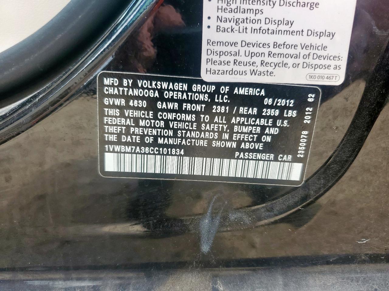 2012 Volkswagen Passat Se VIN: 1VWBM7A36CC101834 Lot: 62397935