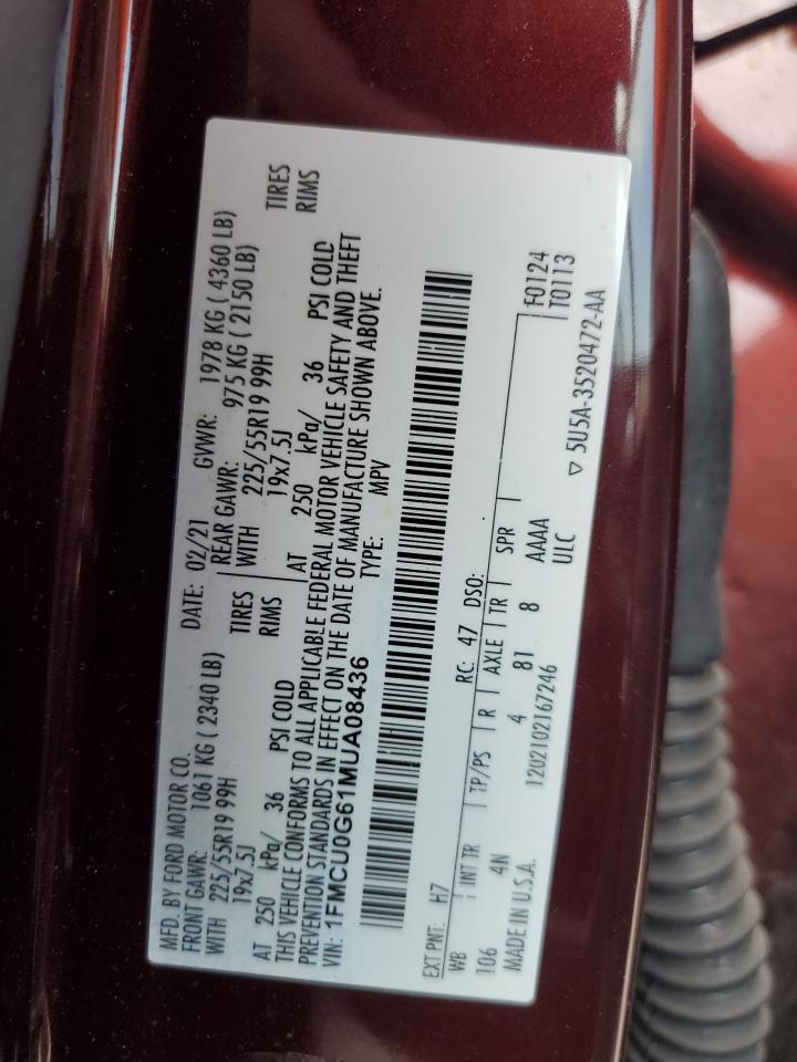 2021 Ford Escape Se VIN: 1FMCU0G61MUA08436 Lot: 62709325