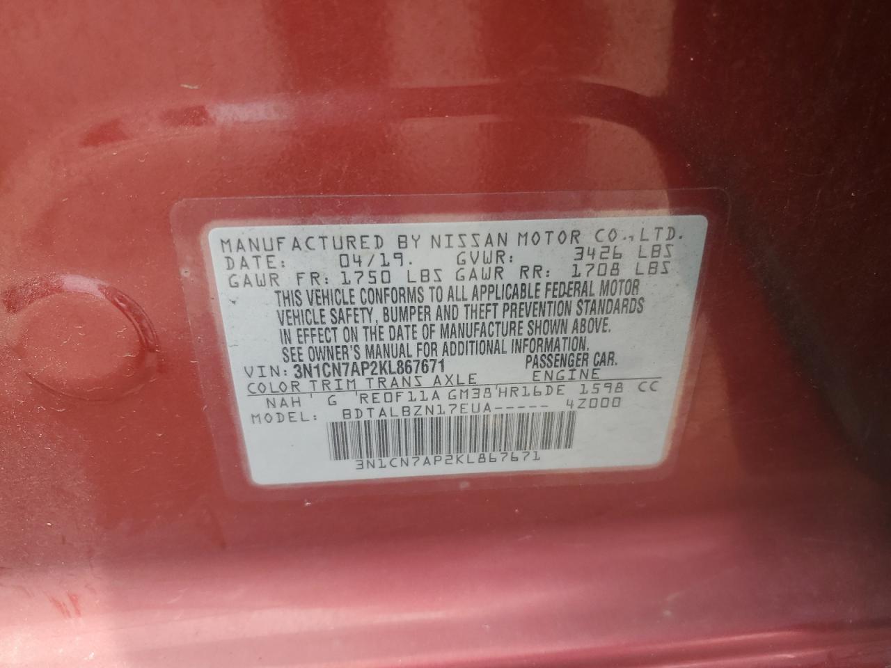 3N1CN7AP2KL867671 NISSAN VERSA 2019