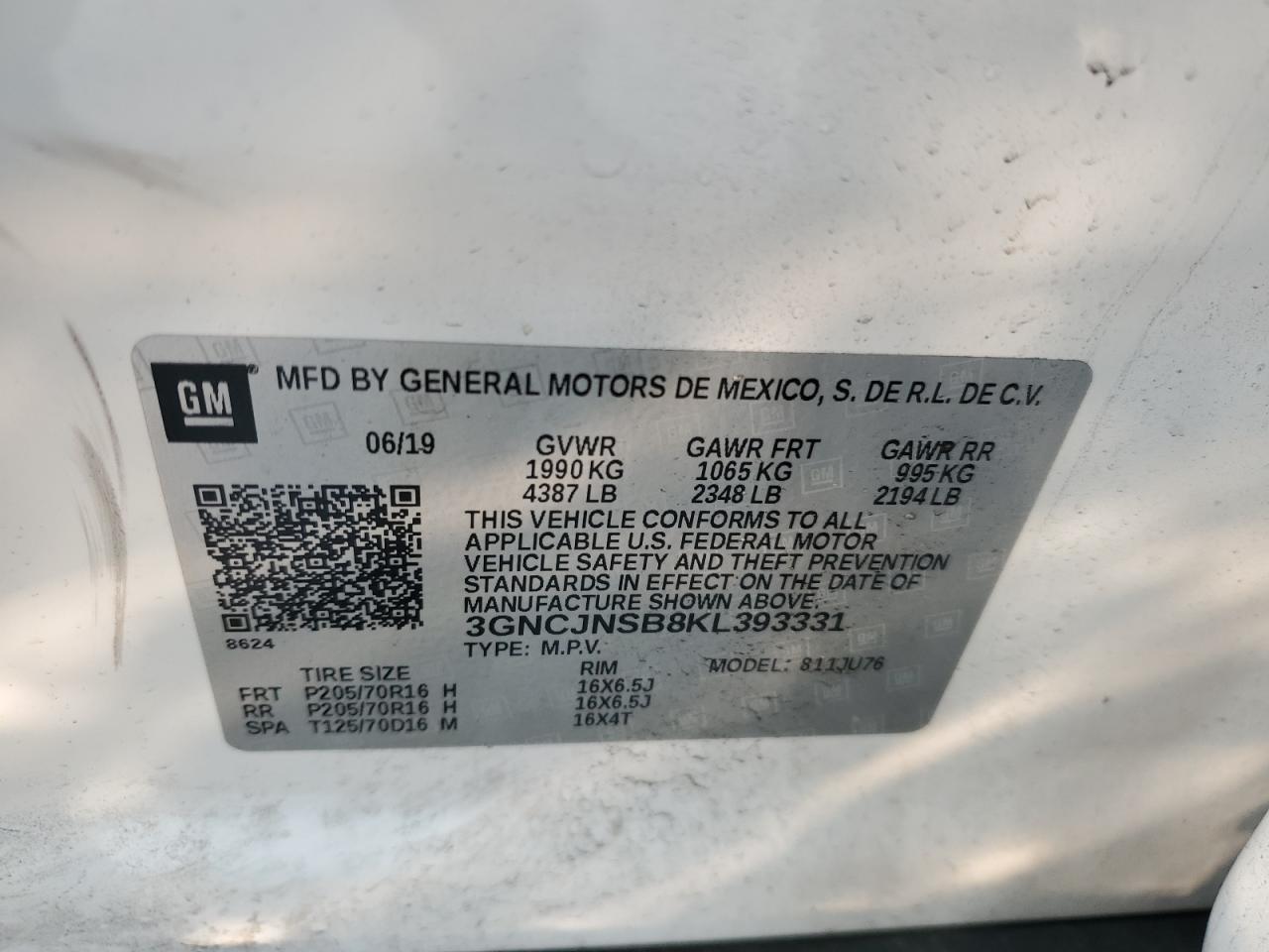 3GNCJNSB8KL393331 CHEVROLET TRAX 2019