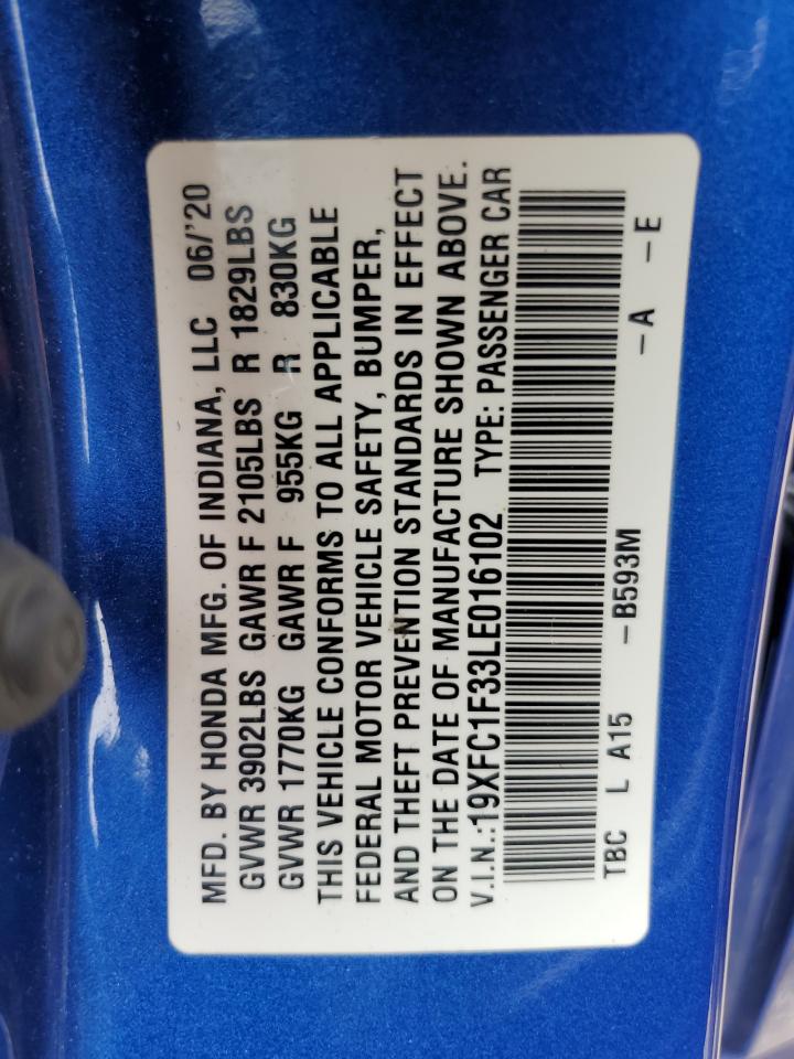 2020 Honda Civic Ex VIN: 19XFC1F33LE016102 Lot: 62864665