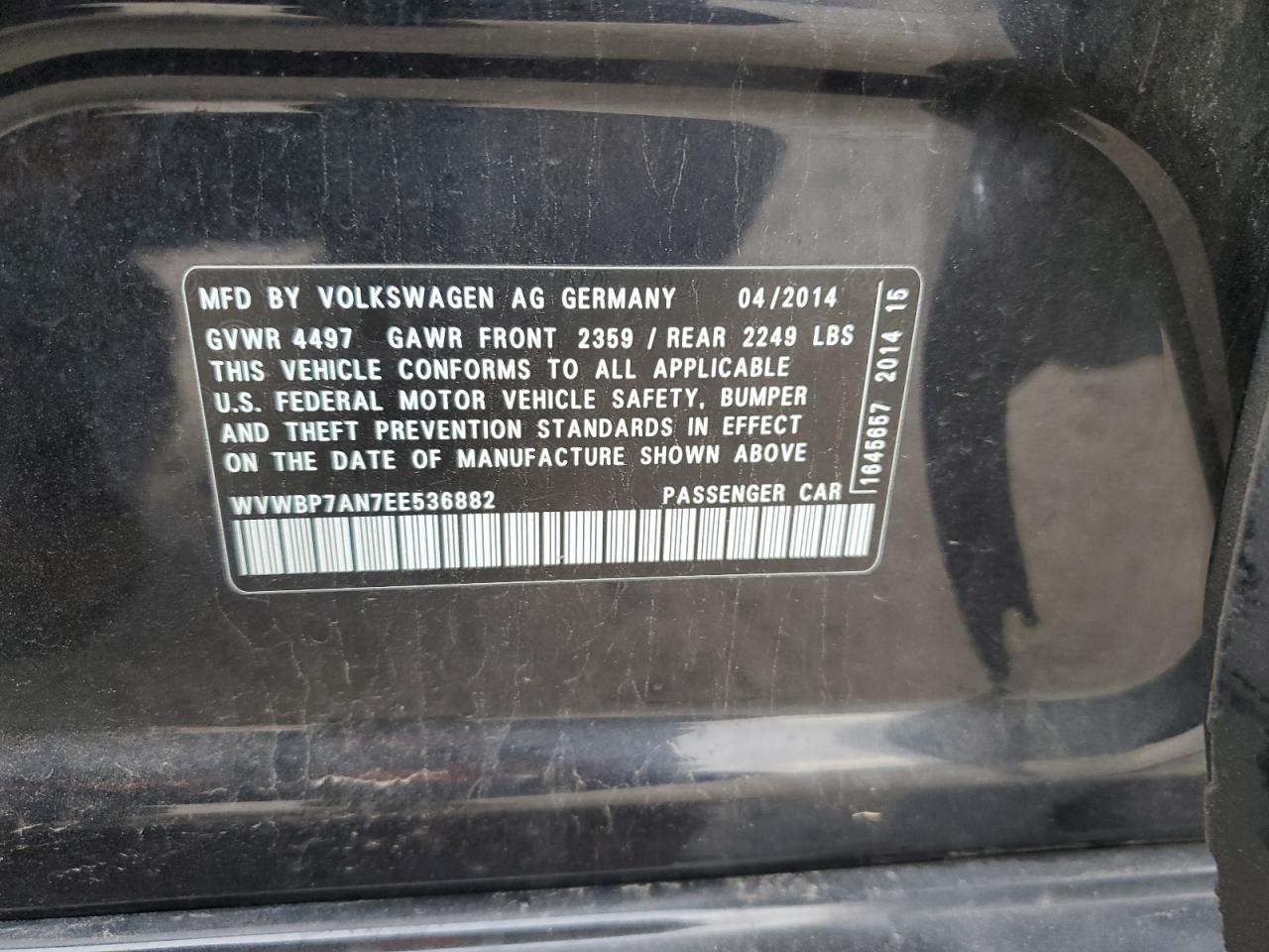 2014 Volkswagen Cc Sport VIN: WVWBP7AN7EE536882 Lot: 62564805
