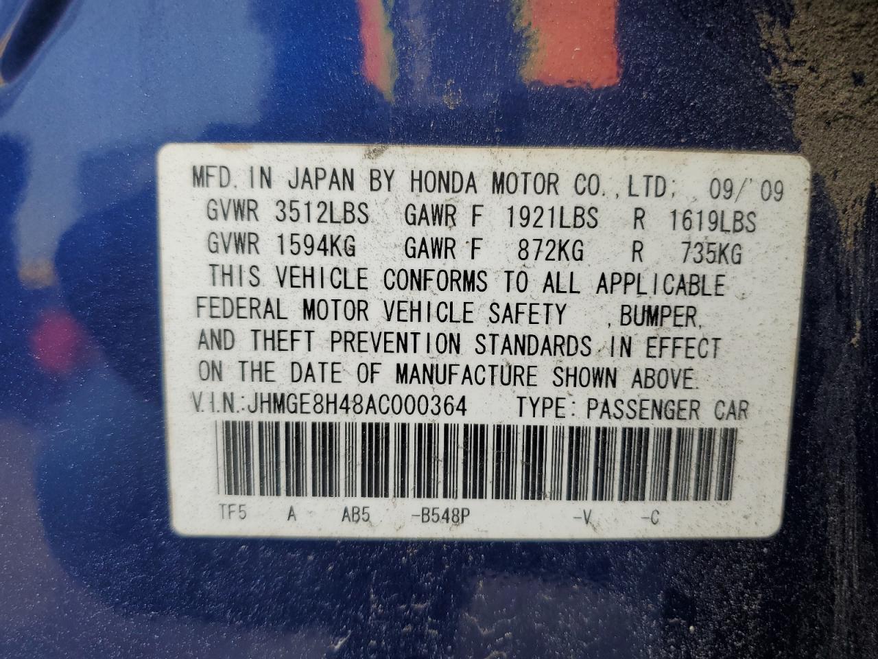 2010 Honda Fit Sport VIN: JHMGE8H48AC000364 Lot: 62508075