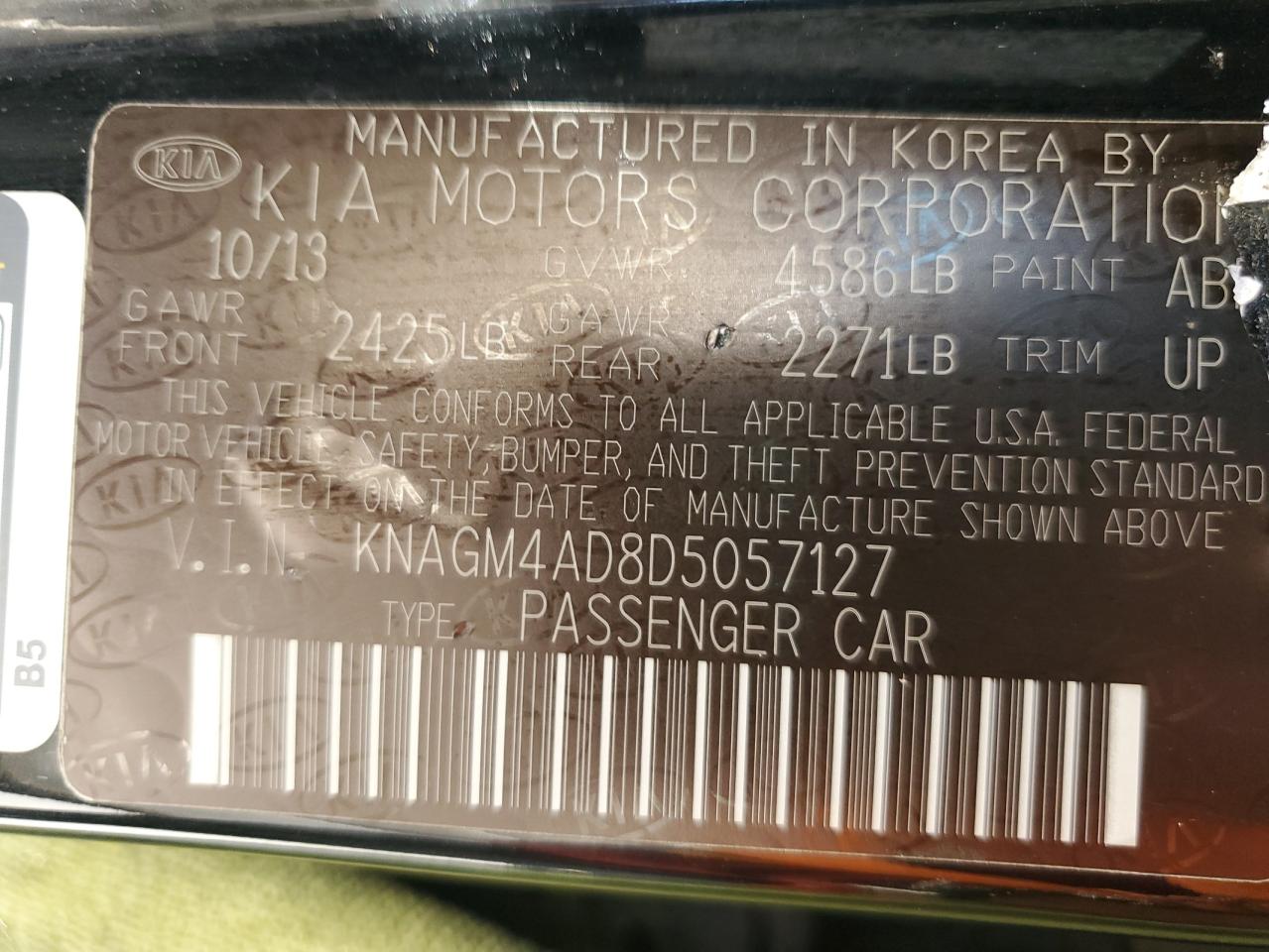 2013 Kia Optima Hybrid VIN: KNAGM4AD8D5057127 Lot: 61226135