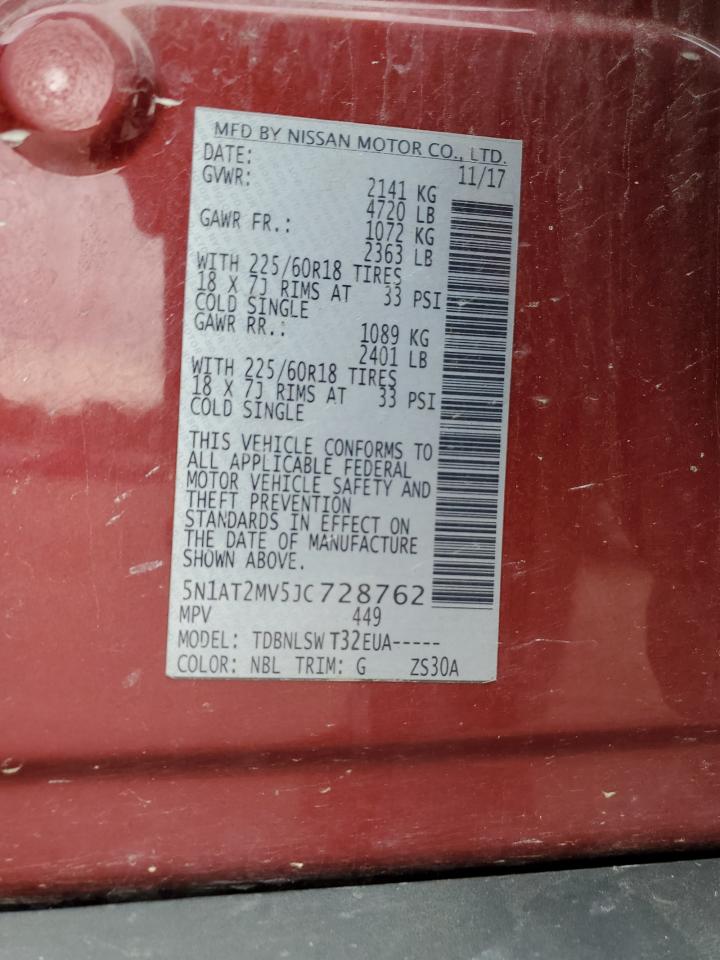2018 Nissan Rogue S VIN: 5N1AT2MV5JC728762 Lot: 62998645