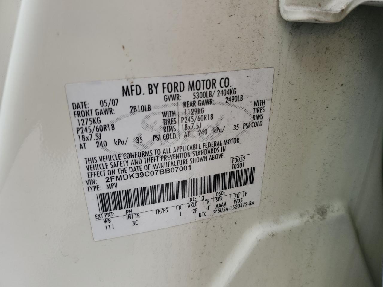 2007 Ford Edge Sel Plus VIN: 2FMDK39C07BB07001 Lot: 61608355