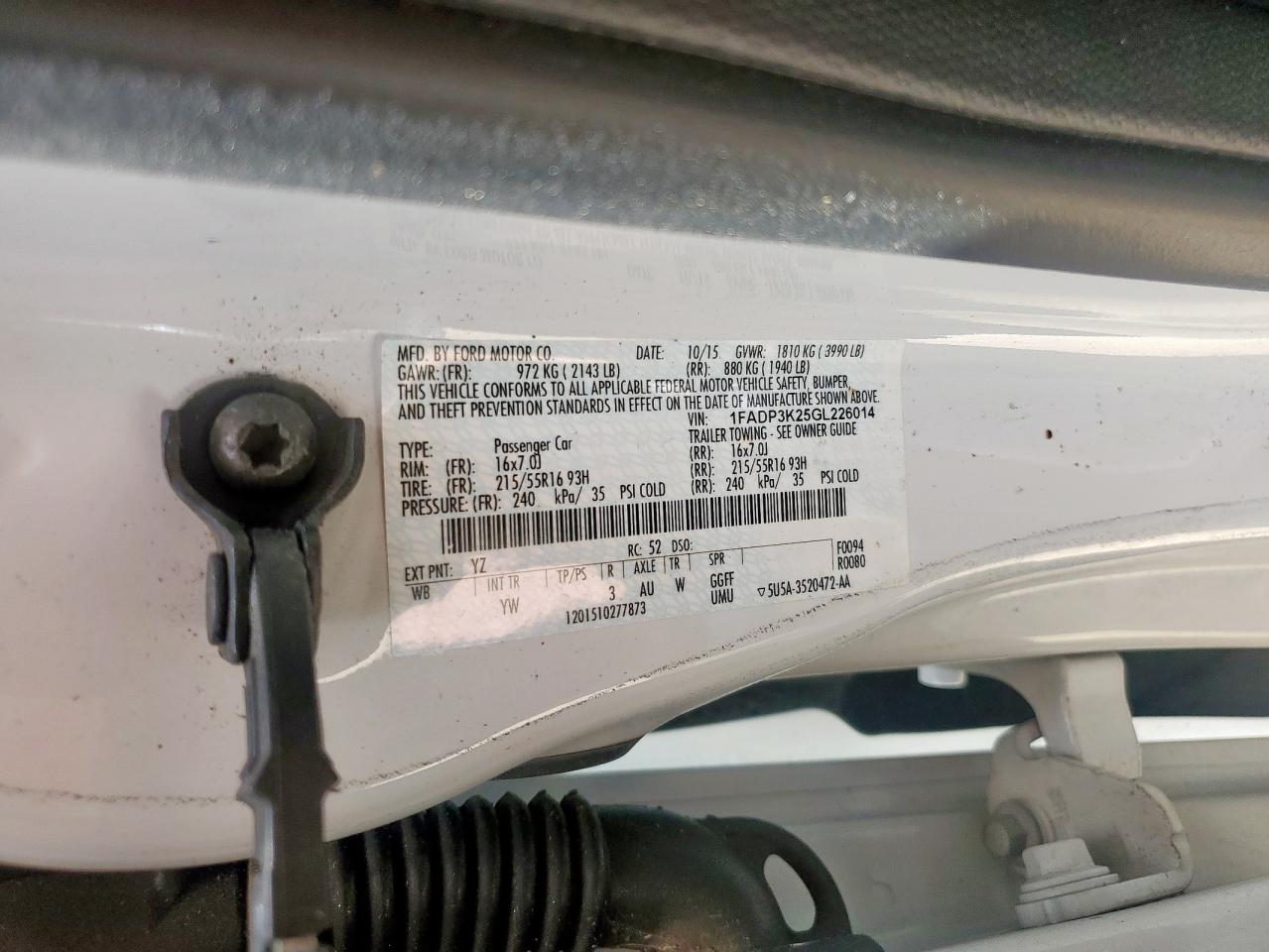 1FADP3K25GL226014 FORD FOCUS 2016