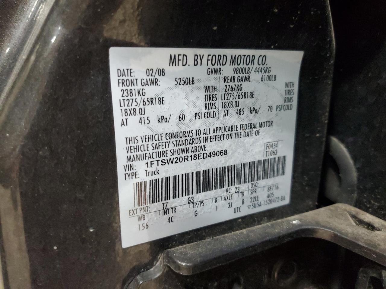 2008 Ford F250 Super Duty VIN: 1FTSW20R18ED49068 Lot: 60617875