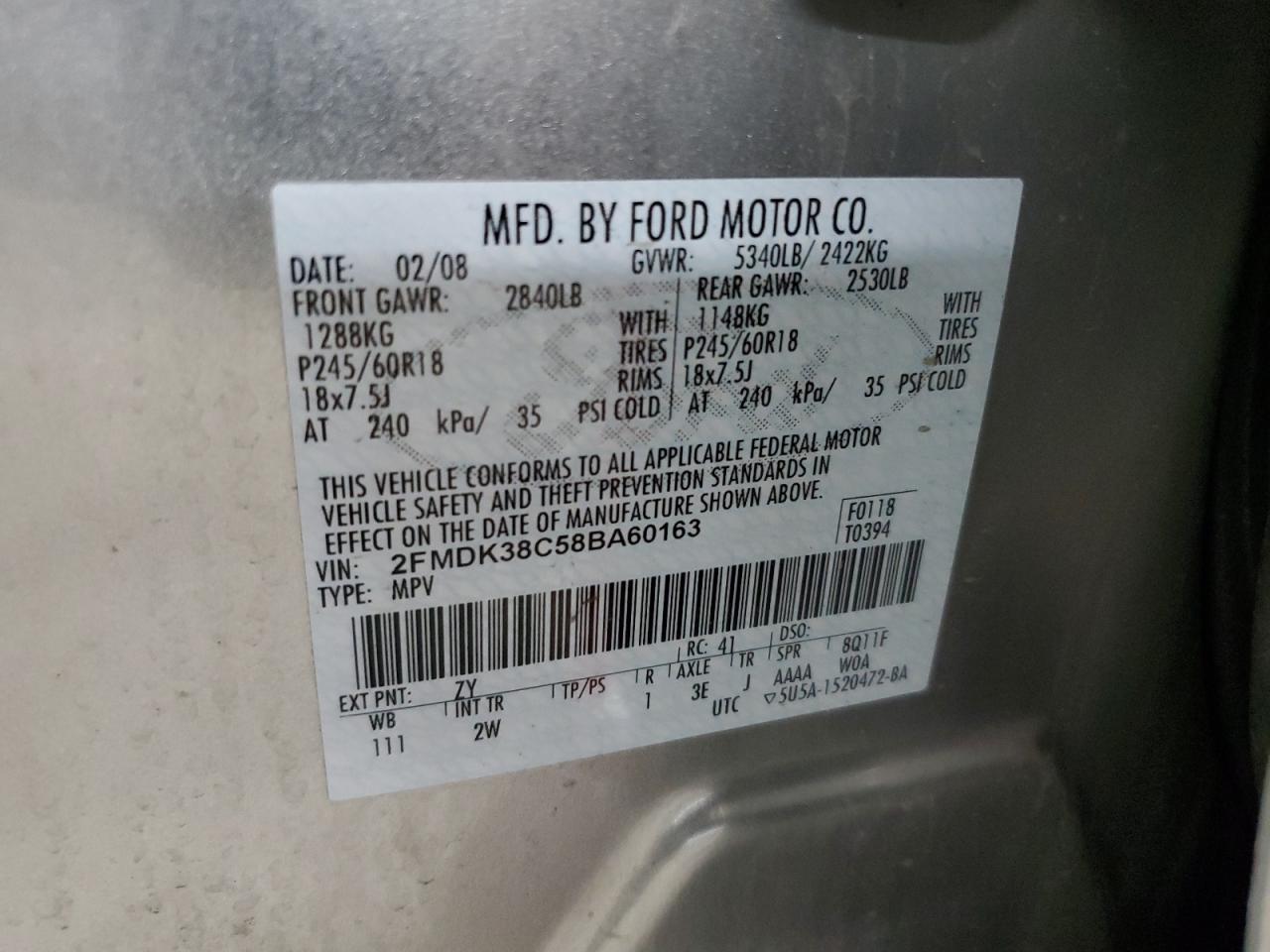 2008 Ford Edge Sel VIN: 2FMDK38C58BA60163 Lot: 63189455