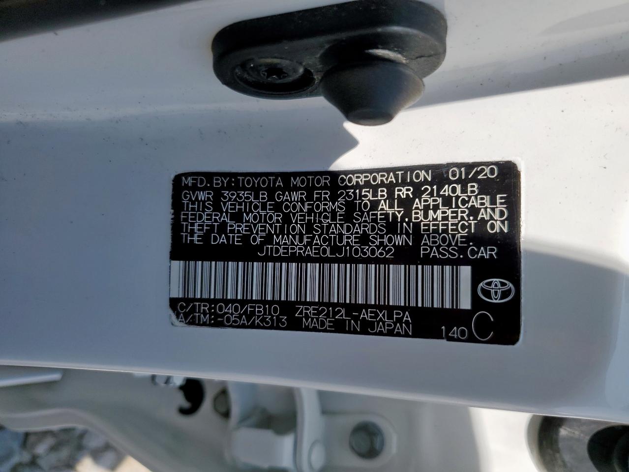 JTDEPRAE0LJ103062 TOYOTA COROLLA 2020
