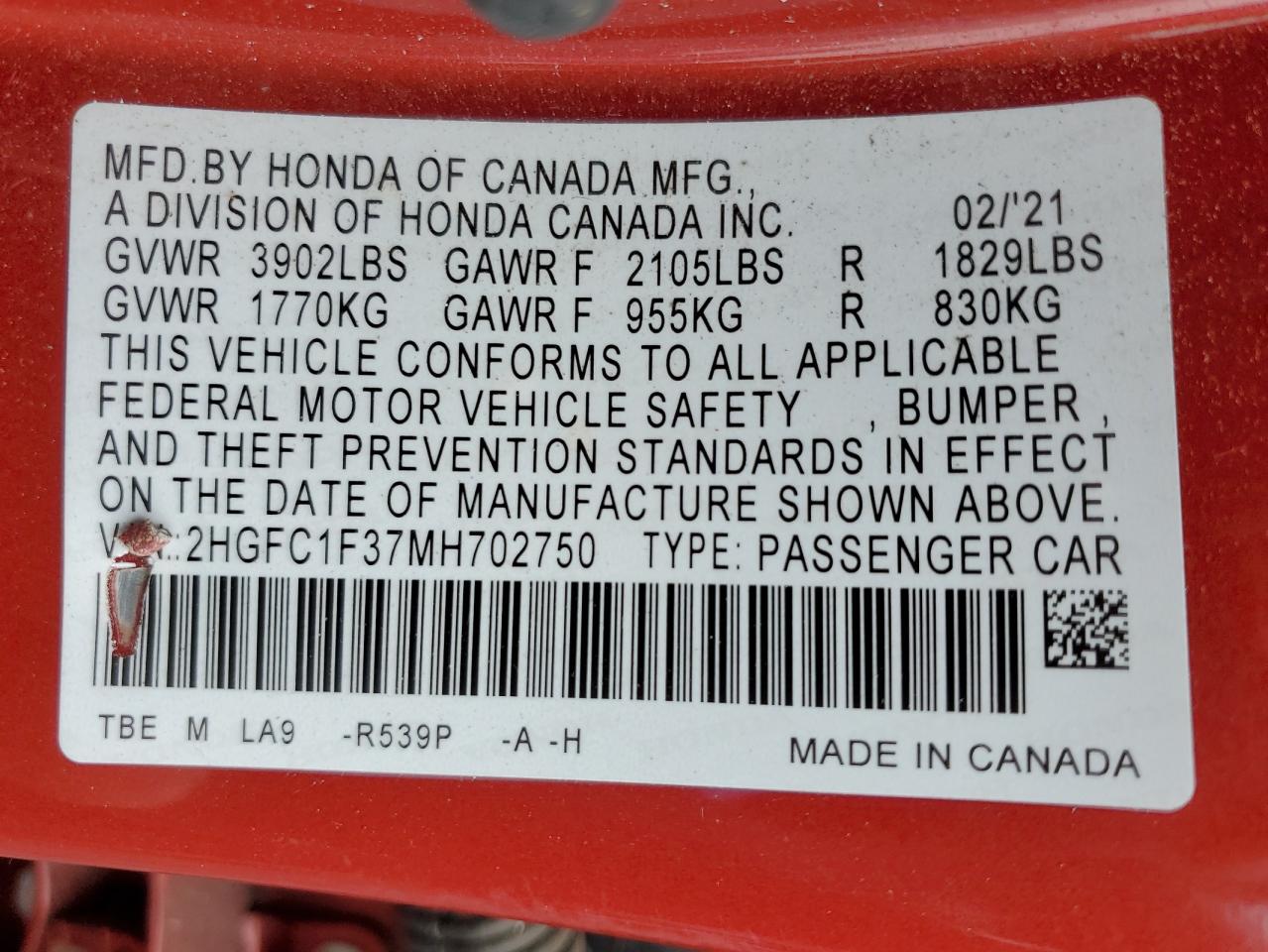2HGFC1F37MH702750 HONDA CIVIC 2021