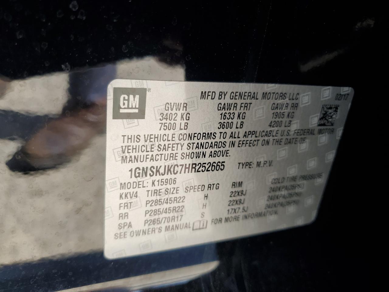 2017 Chevrolet Suburban K1500 Premier VIN: 1GNSKJKC7HR252665 Lot: 60517745